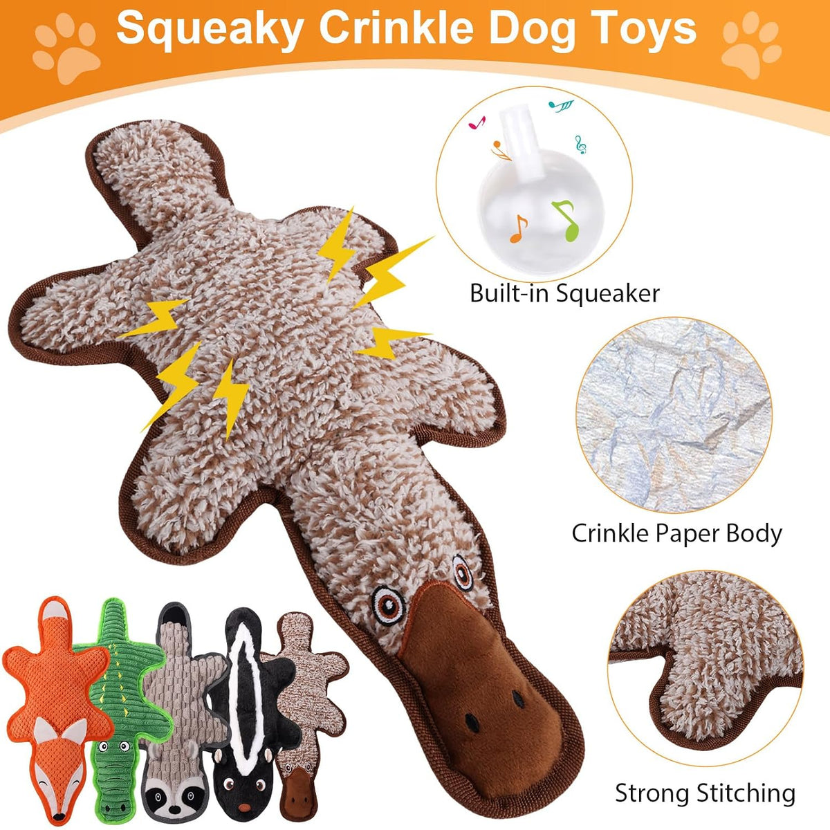 5 Pack No Stuffing Squeaky Dog Toys for Large Dogs - Interactive Durable Plush Chew Toy with Crinkle Paper, Safe Pet Toy for Small to Large Breed, Ideal for Puppy Gifts & Tug of War Toys
