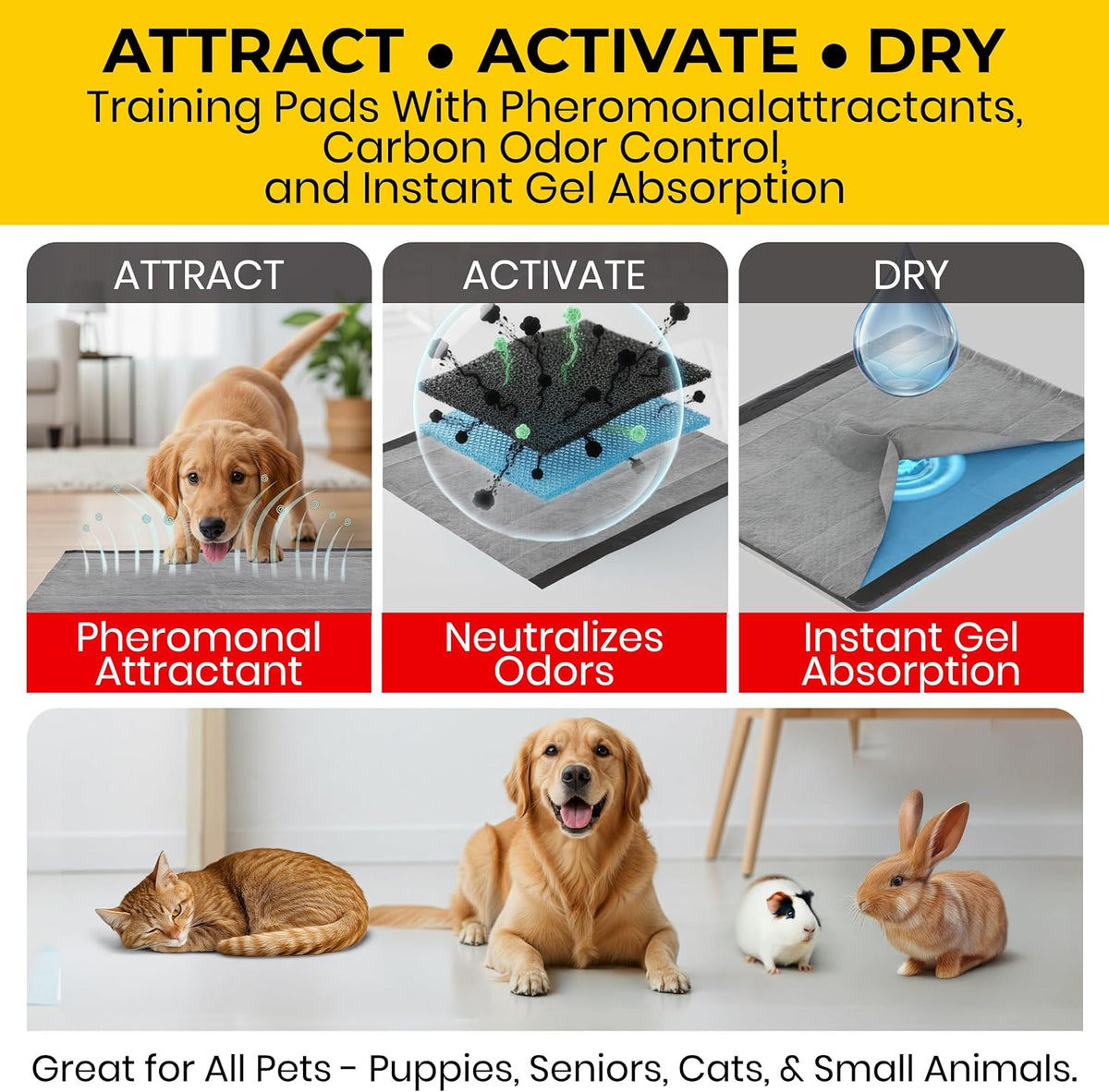 Glad for Pets Activated Carbon Disposable Dog Training Pads, 100 Count | Ideal for puppies, senior dogs, incontinence, and post-surgery, ultra-absorbent, keeps floors & crates dry, 23 x 23 in