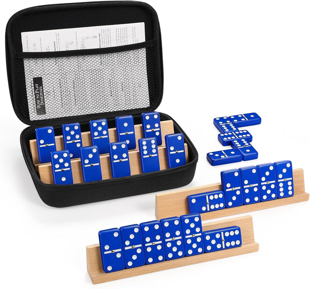 Dominoes Set Adults with 4 Wooden Racks/Trays Double Six Dominoes Travel Set with Portable Case Double 6 Dominoes Set with 4 Tiles Holders 28 Tiles Dominos Set Family Classic Board Games White