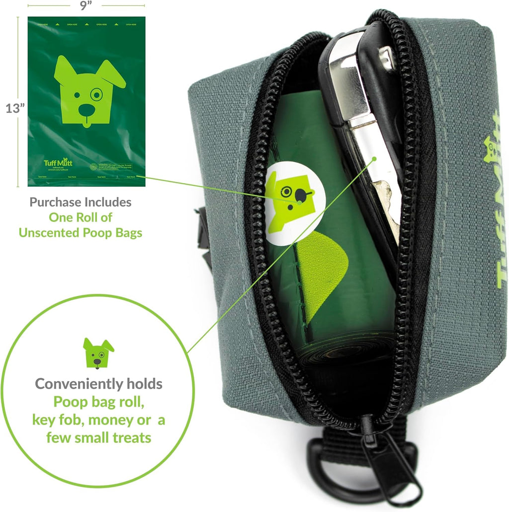 Tuff Mutt Dog Poop Bag Holder for Leashes with Velcro Attachment | Zippered Bag Dispenser, No-Swing Fit, Roomy for Backup Roll & Extras, D-Ring for Keys, Durable Fabric