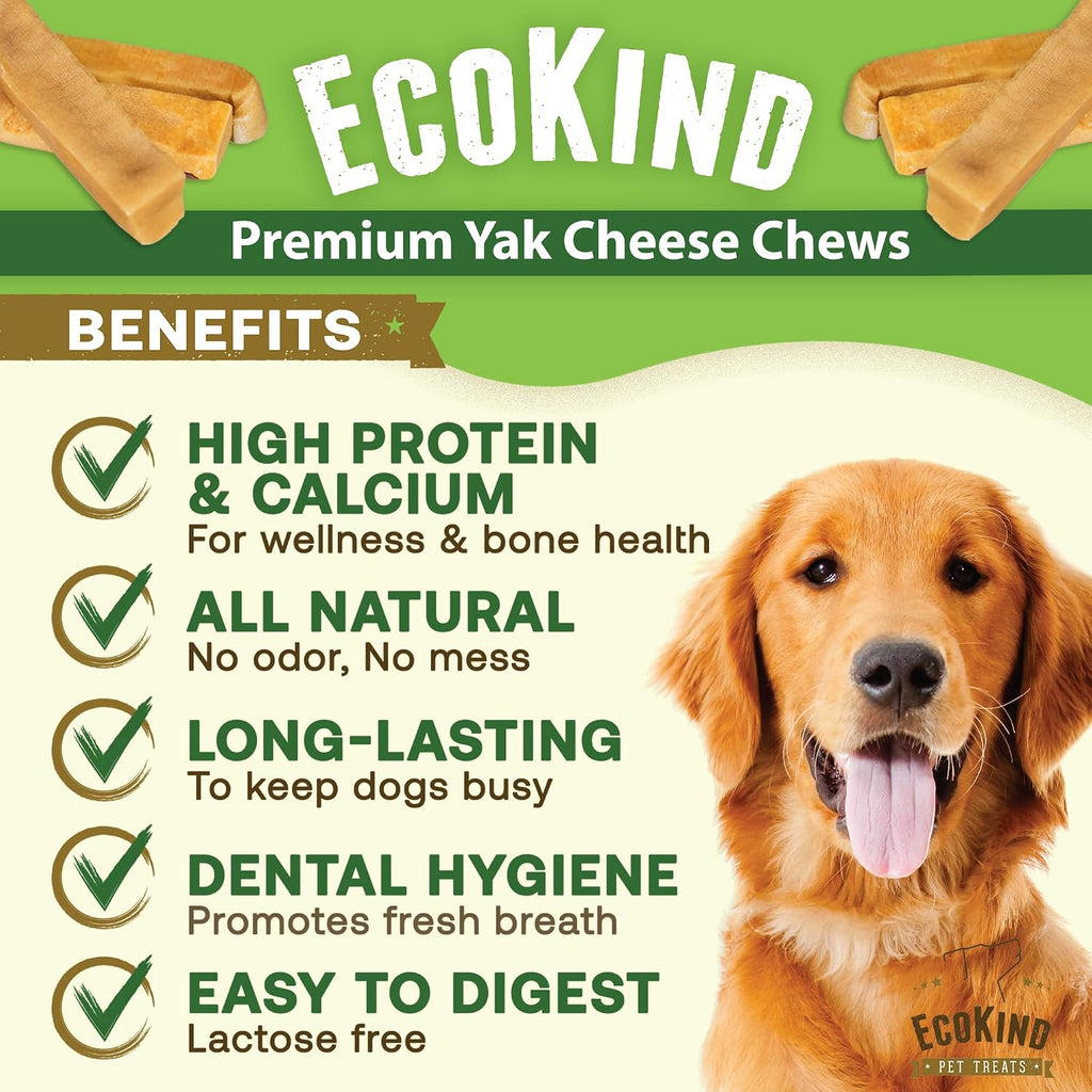 EcoKind Yak Cheese Himalayan Dog Chews, Yak Chews for Large Dogs, 4-5 Bones | 1 Lb, Long Lasting for Aggressive Chewers, Only 3 Ingredient Natural High Protein Dental Dog Treats, No Additives or Lactose