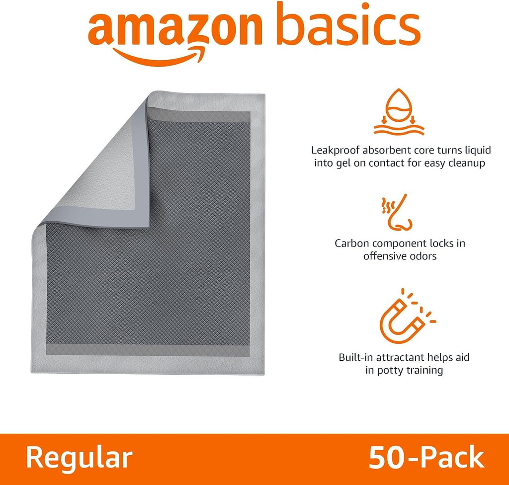 Amazon Basics Carbon Odor Control Dog and Puppy Pee Pads, 5-Layer Leak-Proof Super Absorbent, Quick-Dry Surface for Potty Training and Housebreaking, X-Large Size 28"x34", Gray, 50 Count