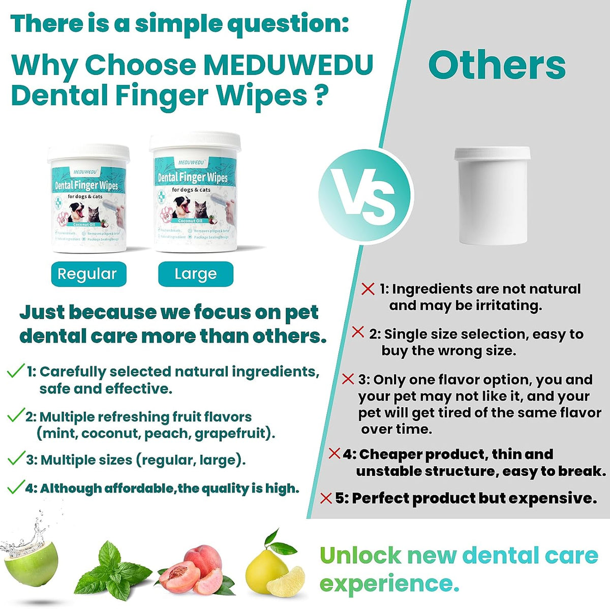 MEDUWEDU Dental Care Finger Wipes 60 Counts,Teeth Cleaning Finger Wipes for Dogs & Cats,Reduces Plaque & Supports Oral Freshness, Coconut Scent
