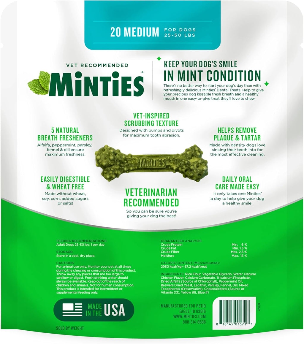 Minties Dental Chews for Dogs, 20 Count, Vet-Recommended Mint-Flavored Dental Dog Treats for Medium Sizes 25-50 lbs, Bones Clean Teeth, Fight Bad Breath, and Removes Plaque and Tartar