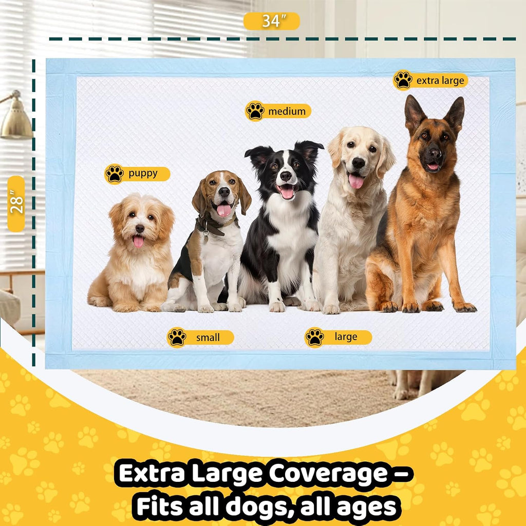 100 Count Dog Pee Pads 34" x 28", Super Absorbent Leak-Proof Training Pads | Quick-Dry Design,Dog Training Pads,6-Layer Protection,Soft Nonwoven Top Layer,XL Size,Versatile Use,Tear-Resistant