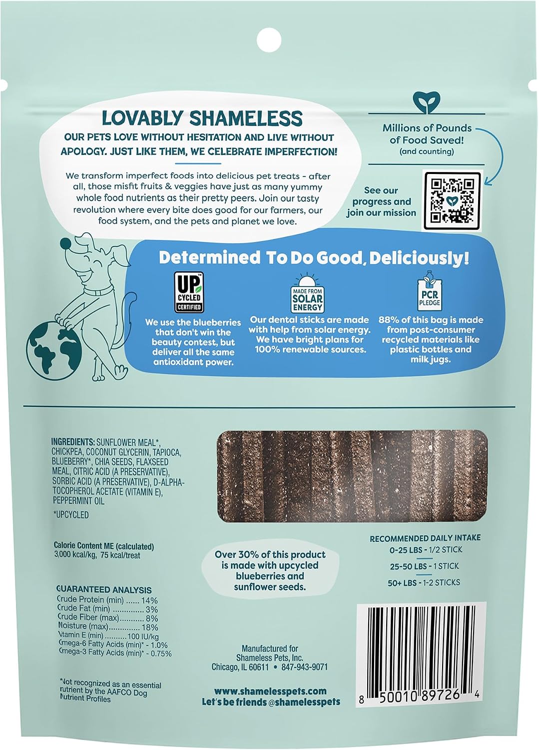 Shameless Pets Blueberry & Mint Dental Chews for Dogs, 8 Chews - Natural Dog Teeth Cleaning Treats with Fresh Breath Benefits | Grain-Free Dental Sticks for Small, Medium & Large Dogs