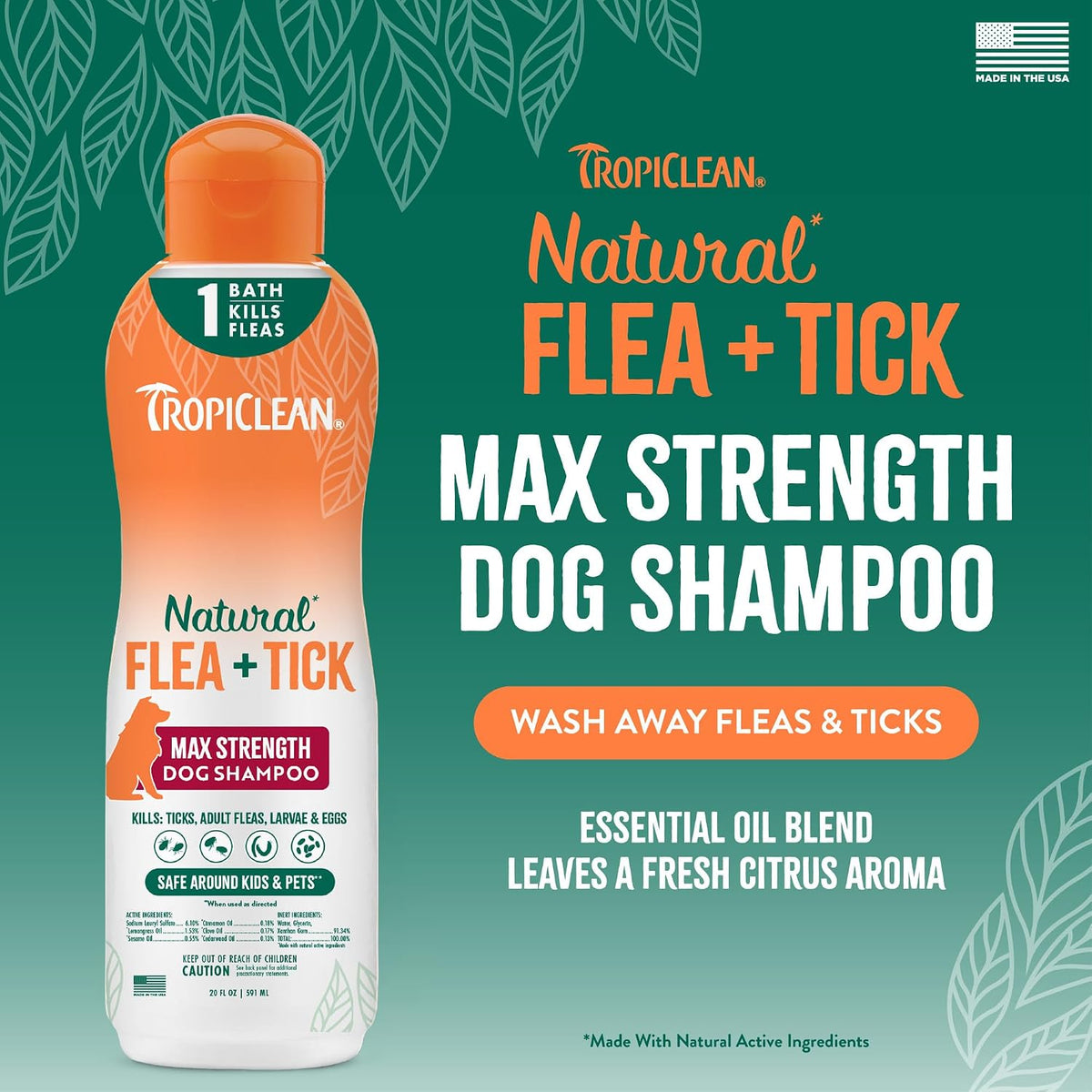 TropiClean Flea and Tick Shampoo for Dogs, Max Strength Formula, 20oz | Powerful & Natural Defense | Flea & Tick Prevention | For Large & Small Dogs | Made in USA