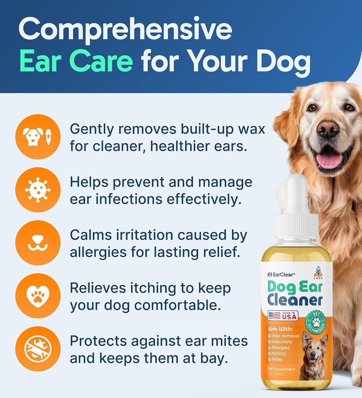 Pup Labs Ear Clear, Natural Dog Ear Cleaner and Infection Treatment for Dogs, Dog Drops for Itching, Irritation, & Wax Build-Up, 1 oz Bottle with Dropper