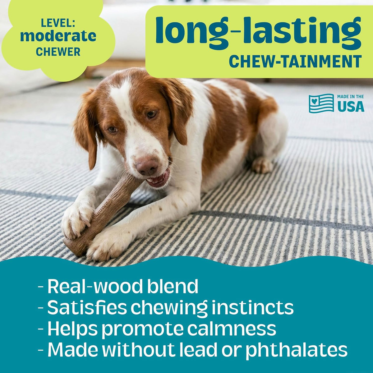 Pupstages Dogwood Stick Dog Chew Toy, Made in USA, Medium, 7.4" | Real-Wood Blend, Natural Wood Flavor, No Nylon, Dishwasher-Safe, Moderate Chewers, Medium Dogs (26-35 lbs)