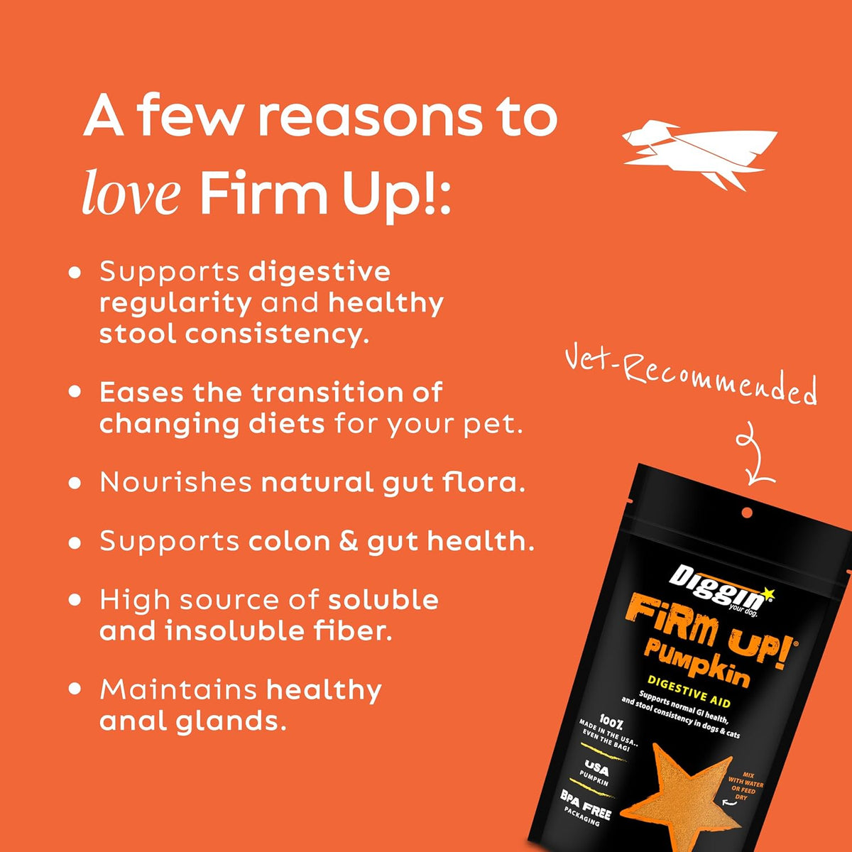 Diggin' Your Dog – Firm Up Pumpkin for Dogs & Cats – Fiber Supplement with Pumpkin & Apple Fiber for Cat & Dog Digestive Support – Made in USA, 4 oz | Real Pumpkin & Apple Fiber Powder for Dog & Cat Digestive Support to Help Promote Prebiotic Gut Health, 