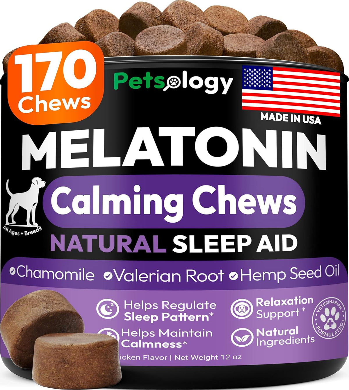 Melatonin for Dogs - 170 Dog Melatonin Calming Chews for Small & Large Dogs | Natural Hemp Dog Sleep Aid - Puppy Sleeping Pills for Anxiety, Stress, Separation, Barking & Fireworks - Made in USA