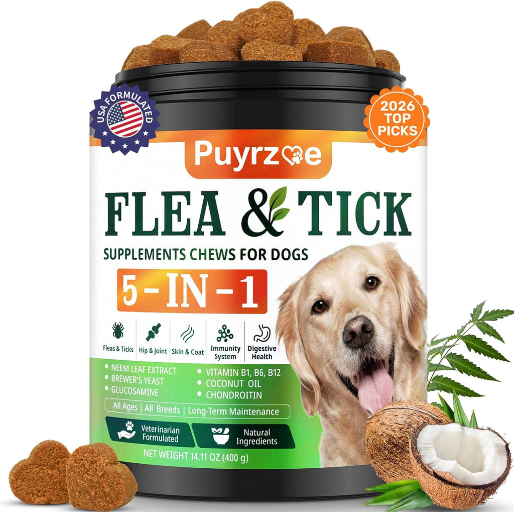 Puyrzoe Flea and Tick Prevention for Dogs, Dog Flea and Tick Treatment Chew | 5-In-1 Flea and Tick Chews, Flea & Tick Prevention | Hip & Joint | Skin & Coat | Immunity Support | Digestive for All Breeds