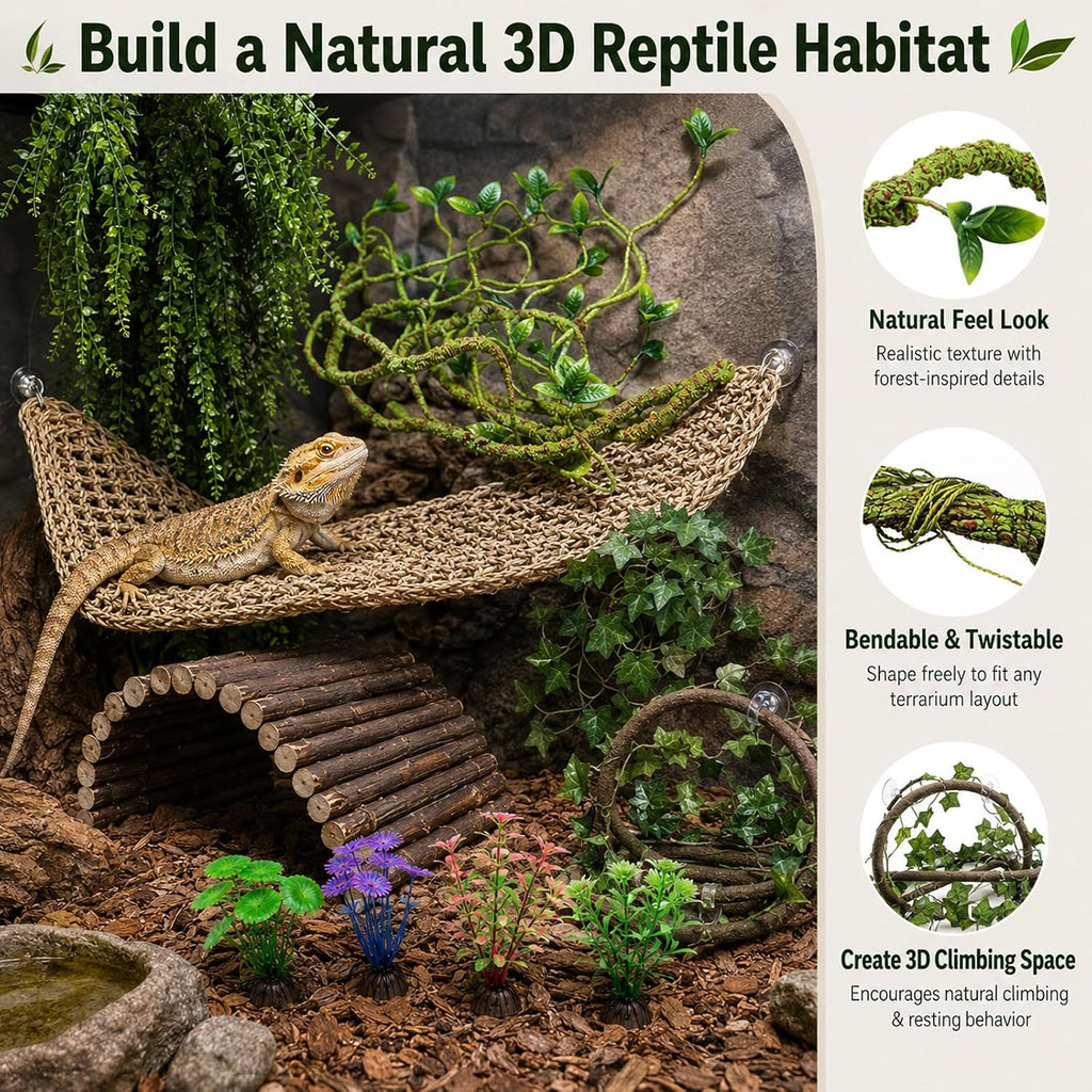 RUNANIA Bearded Dragon Tank Accessories, 10 PCS Reptile Hammock Plants Bridge Jungle Climber Vines for Snakes Bearded Dragon Chameleon Gecko Lizard