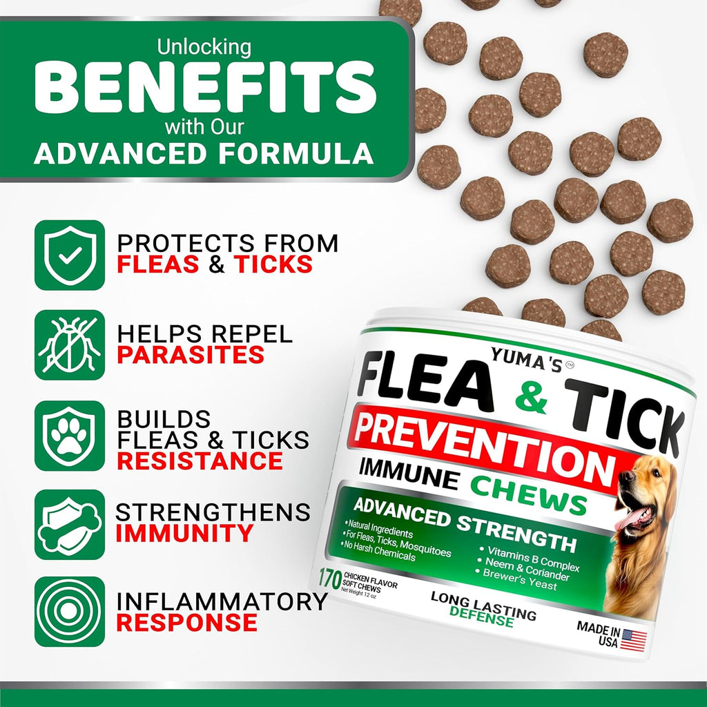 Flea and Tick Prevention for Dogs, 170 Chews, Natural Oral Supplement | Dog Flea & Tick Treatment & Control Chews for Small, Medium & Large Dogs - All Breeds & Ages - Chicken Flavor - Made in USA