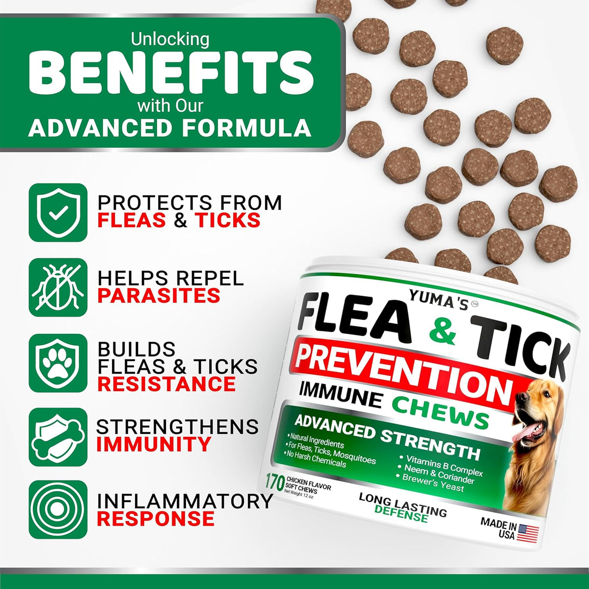 Flea and Tick Prevention for Dogs, 170 Chews, Natural Oral Supplement | Dog Flea & Tick Treatment & Control Chews for Small, Medium & Large Dogs - All Breeds & Ages - Chicken Flavor - Made in USA