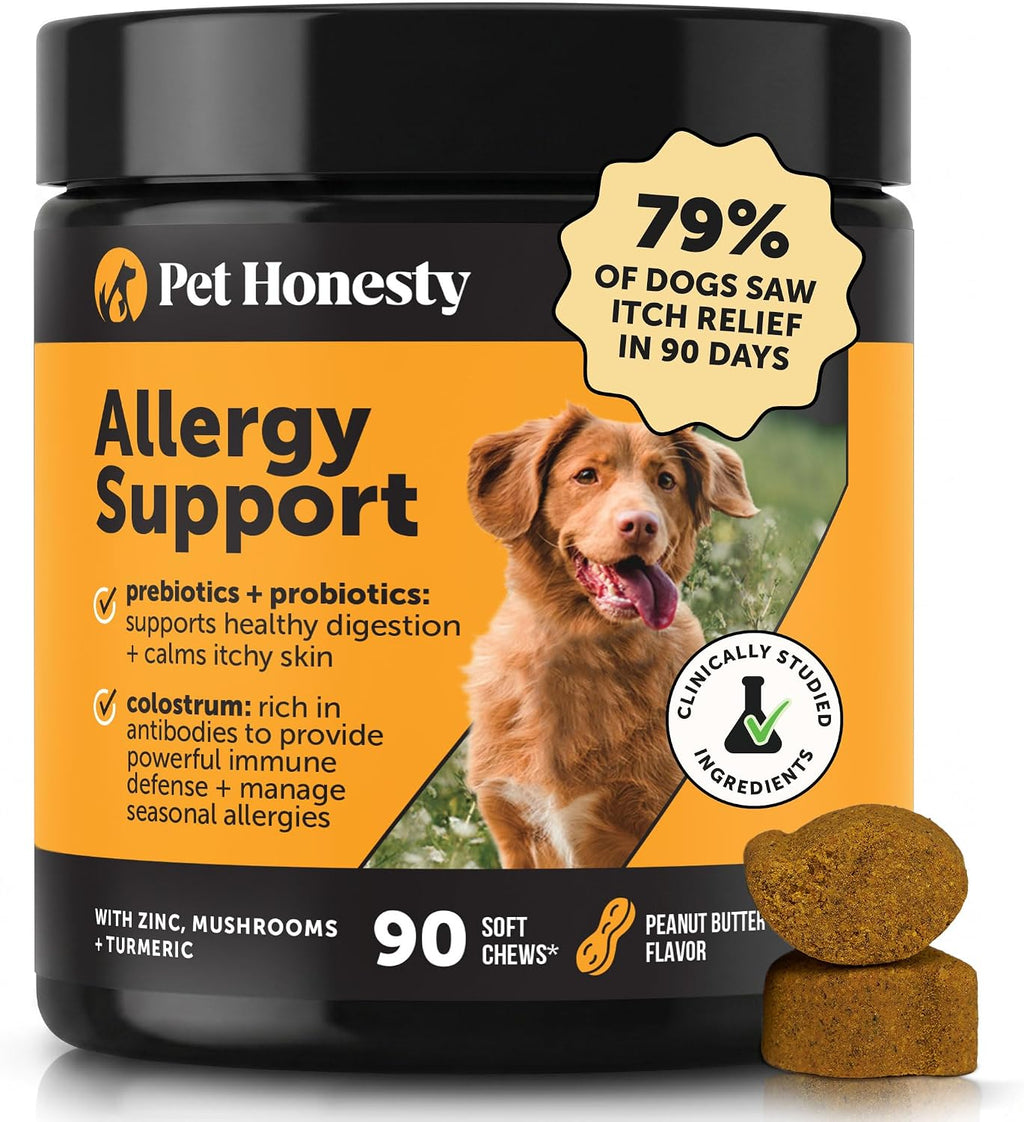 Pet Honesty Dog Allergy Chews - for Paw Licking, Itching & Seasonal Allergies - with Colostrum, Probiotics & Salmon Oil - Vet Recommended Itch Relief Supplement for Dogs (Peanut Butter, 90 Ct)