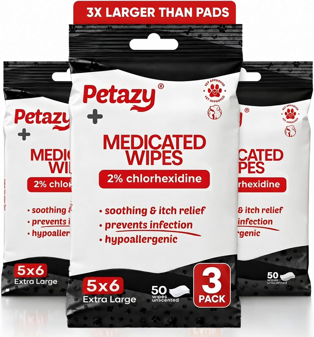 Petazy 2% Chlorhexidine Wipes for Dogs 3X Larger | Yeast Infection Ringworm Fungus Hot Spot Itch Relief | Medicated Antibacterial Antifungal Gentle Soothing Topical Wipes for Dog Cat | 50 Wipes 5x6