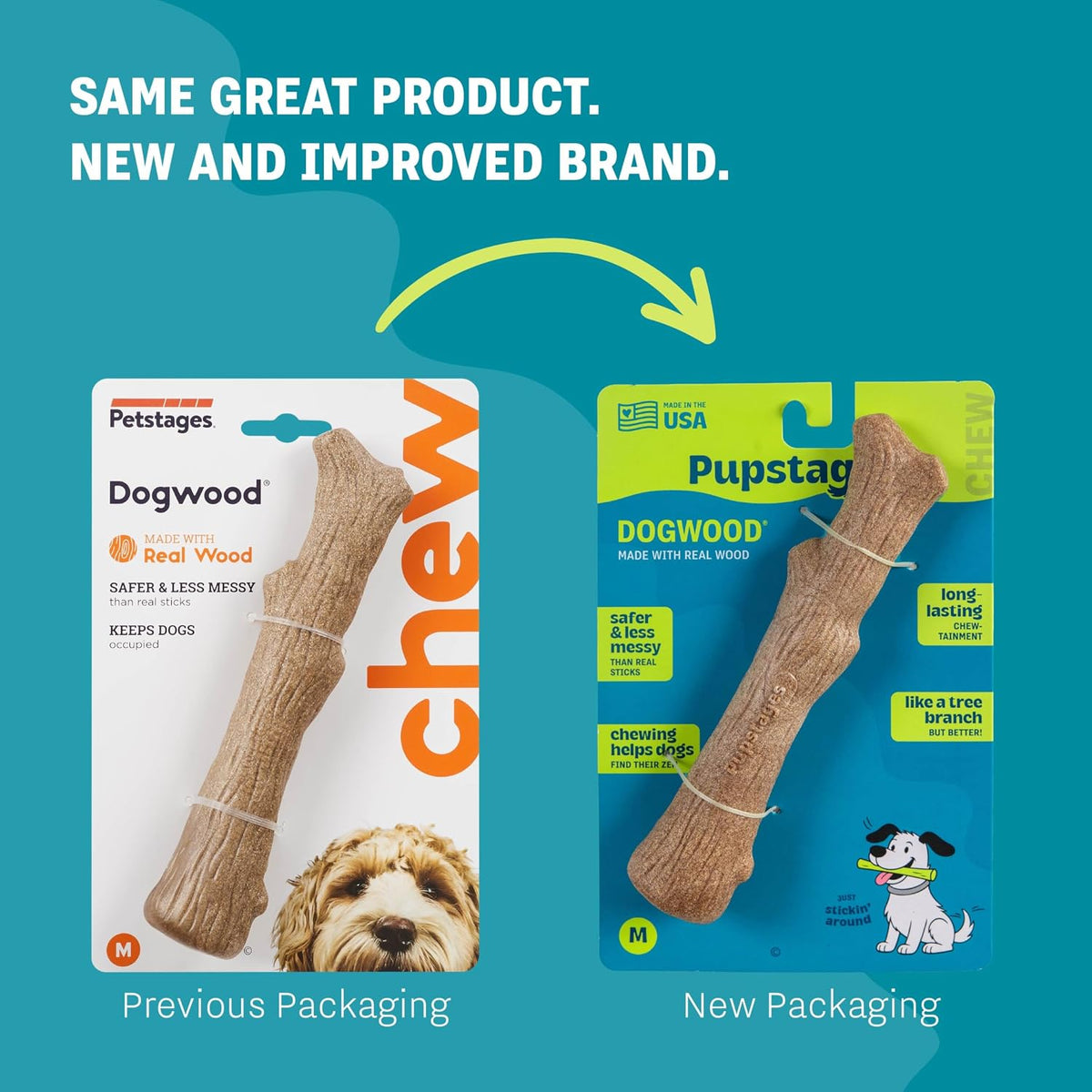 Pupstages Dogwood Stick Dog Chew Toy, Made in USA, Medium, 7.4" | Real-Wood Blend, Natural Wood Flavor, No Nylon, Dishwasher-Safe, Moderate Chewers, Medium Dogs (26-35 lbs)