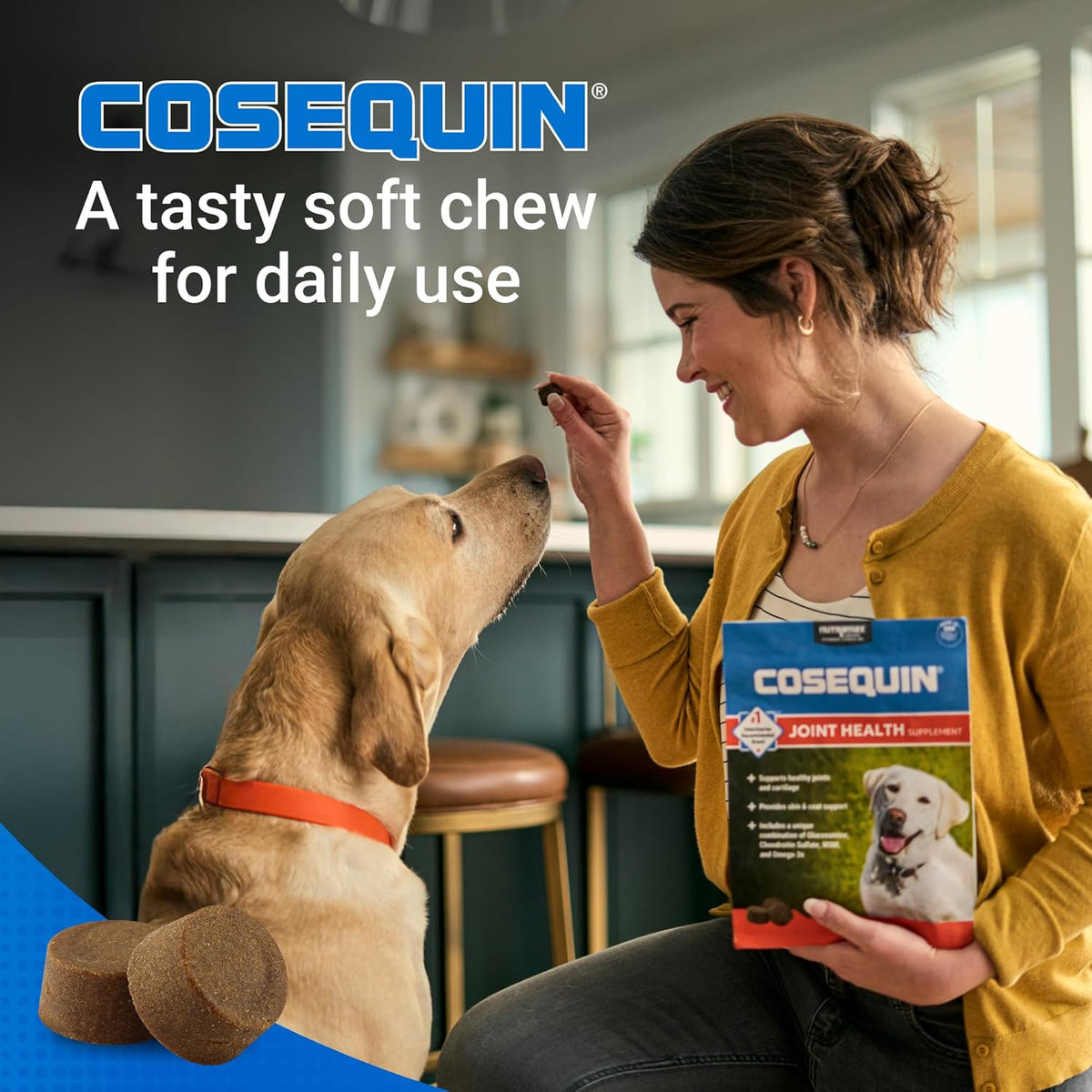 Nutramax Cosequin Joint Supplement for Dogs, Skin & Coat, Soft Chews,120ct | Glucosamine & Chondroitin for Dogs with MSM, Omega-3s, Supports Joints, Skin and Coat Health, All Ages & Sizes