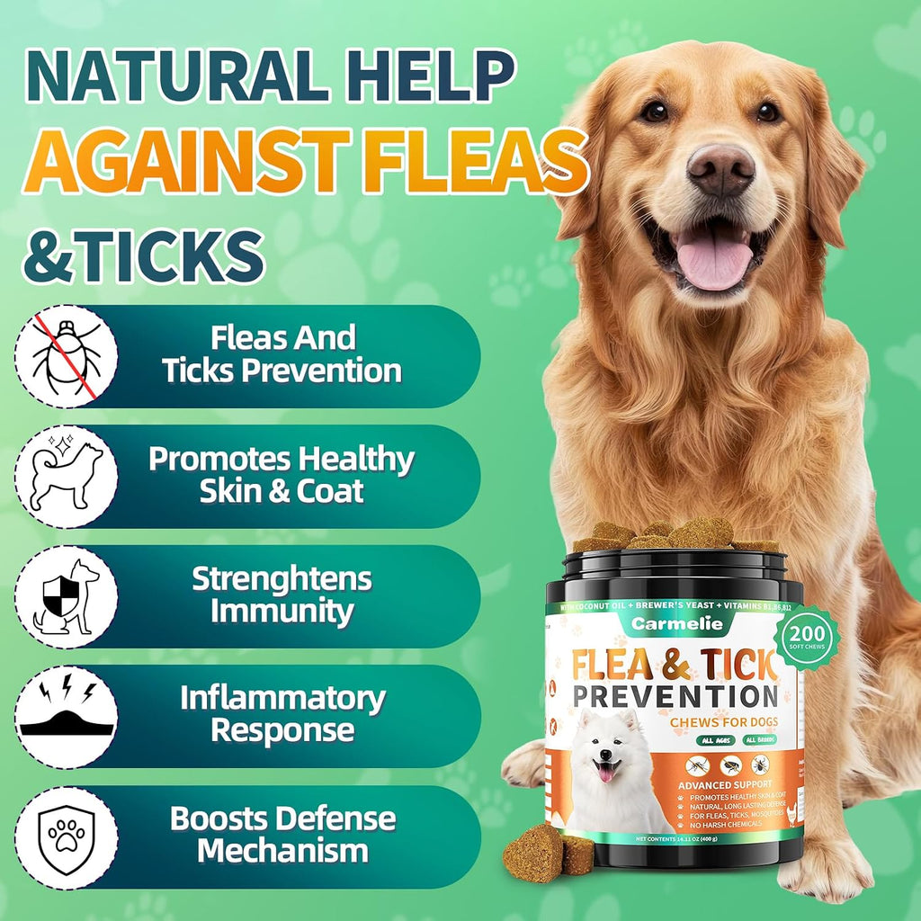 Carmelie Flea and Tick Prevention for Dogs Chewables, 200 Soft Chews | Natural Dog Flea and Tick Chewables, Oral Flea Supplement for Dogs, Puppy Flea Support - All Breeds & Ages - Chicken Flavor