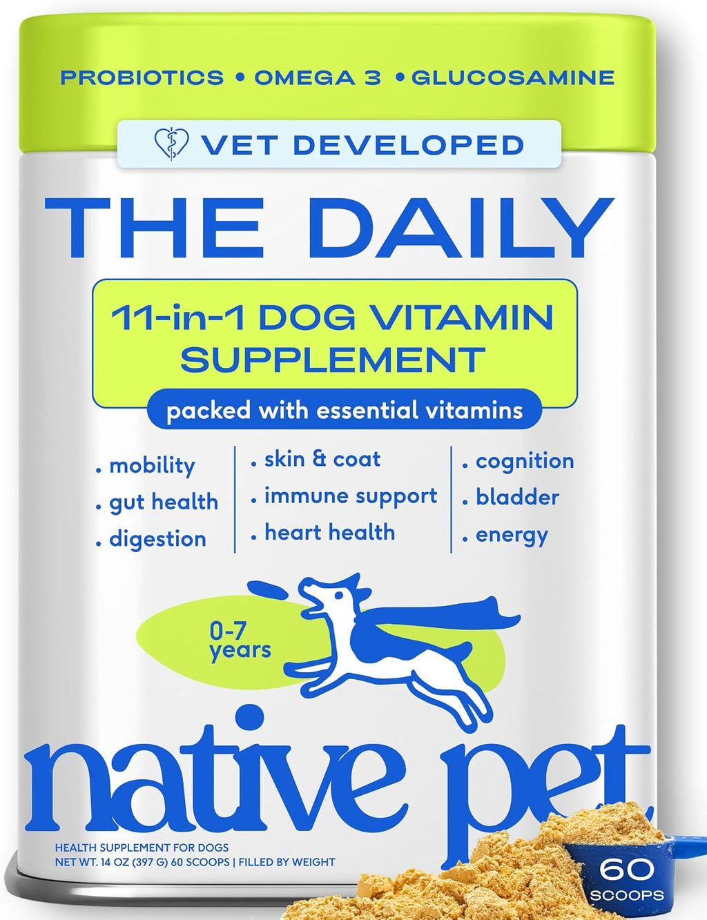 Native Pet The Daily Dog Vitamins & Supplements - 11-in-1 Multivitamin for Dogs - Daily Powder Supplement with Probiotics, Collagen - 60 Scoops