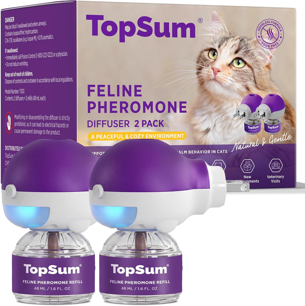 TopSum Cat Calming Pheromone Diffuser: Feline Pheromones Plug in for Stress, Alone At Home, Spraying, Fighting, Scratching, Aggression & Excessive Meowing (Purple– 6 Refills)