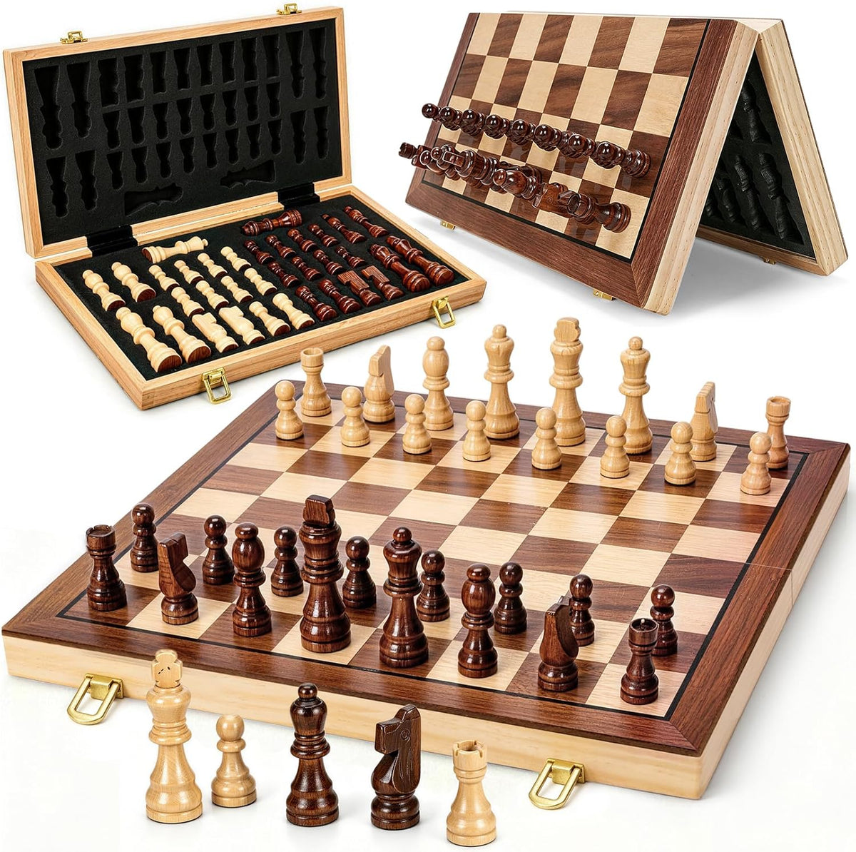 2 in 1 Magnetic Wooden Chess and Checkers Board Game Set, 15" Folding Chess Boards with 2 Extra Queens, Portable Travel Chess Sets with Pieces Storage Slots, Beginner Chess Game Set for Kids, Adults