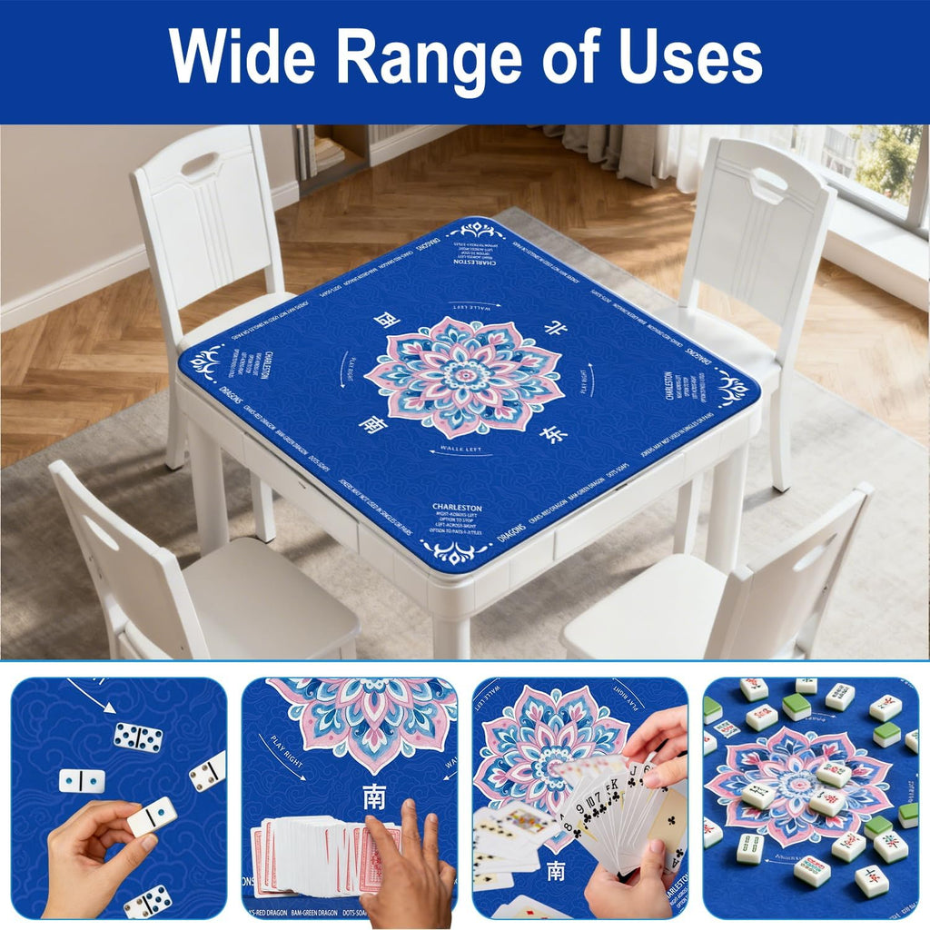 GreenD Mahjong Mat for Table 31.5"x31.5" Rubber American Mahjong Mat with Rules, Non Slip Noise Reduction Game Table Cover with Dice and Bag for Mahjong, Poker, Board, Card, Tile Games（Blue ）