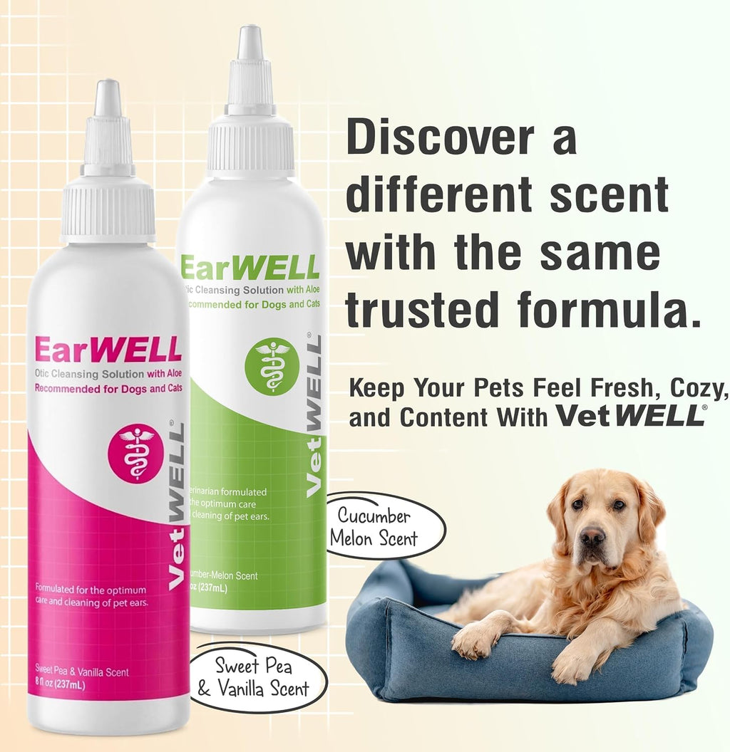 VetWELL Ear Cleaner for Dogs and Cats - Cucumber Melon - 8 oz | Otic Ear Solution for Pets to Help Manage Odor and Reduce Wax Build Up