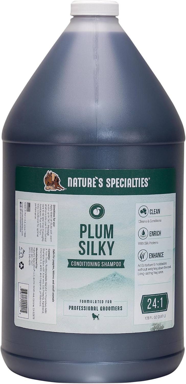 Nature's Specialties Plum Silky Ultra Concentrated Dog Shampoo Conditioner, Makes up to 3 Gallons, Natural Choice for Professional Pet Groomers, Silk Proteins, Made in USA, 16oz