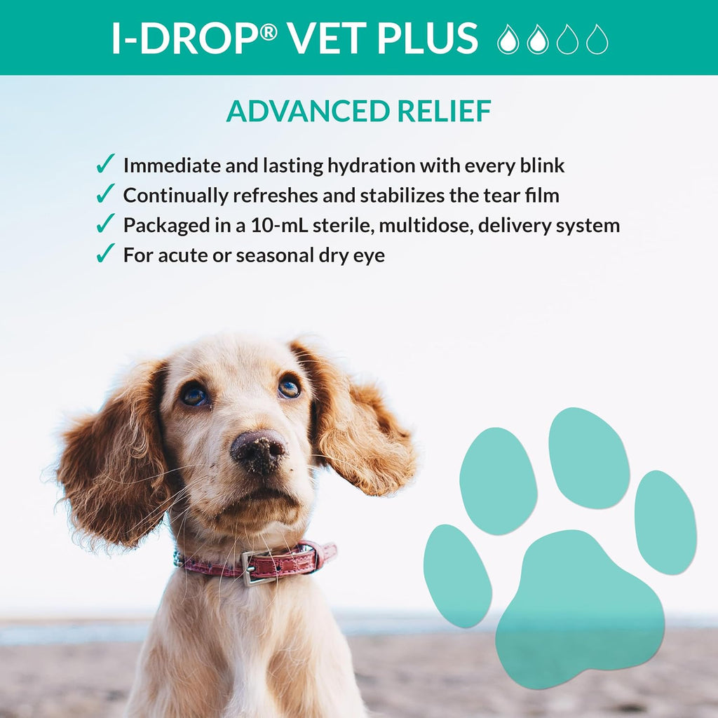I-DROP Vet Plus Dog Eye Drops, 0.25% Hyaluronan, Seasonal Dry Eye, 10 ml | Refreshes and stabilizes the tear film for long-lasting comfort with fewer applications. For acute or seasonal dry eyes.