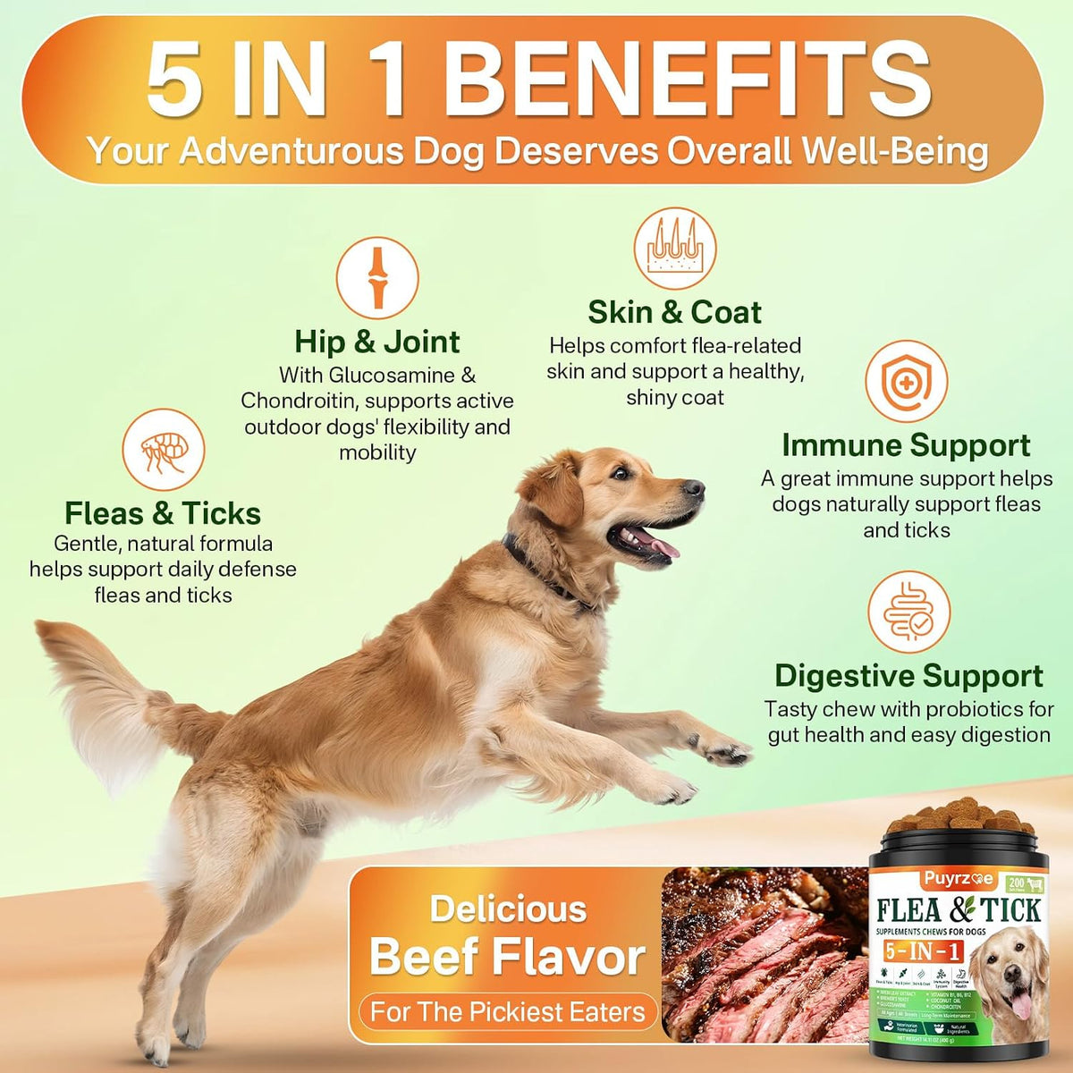 Puyrzoe Flea and Tick Prevention for Dogs, Dog Flea and Tick Treatment Chew | 5-In-1 Flea and Tick Chews, Flea & Tick Prevention | Hip & Joint | Skin & Coat | Immunity Support | Digestive for All Breeds