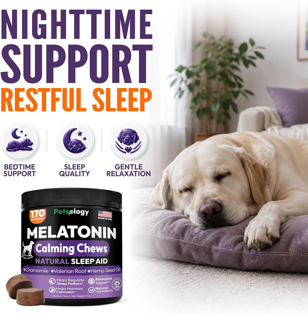 Melatonin for Dogs - 170 Dog Melatonin Calming Chews for Small & Large Dogs | Natural Hemp Dog Sleep Aid - Puppy Sleeping Pills for Anxiety, Stress, Separation, Barking & Fireworks - Made in USA