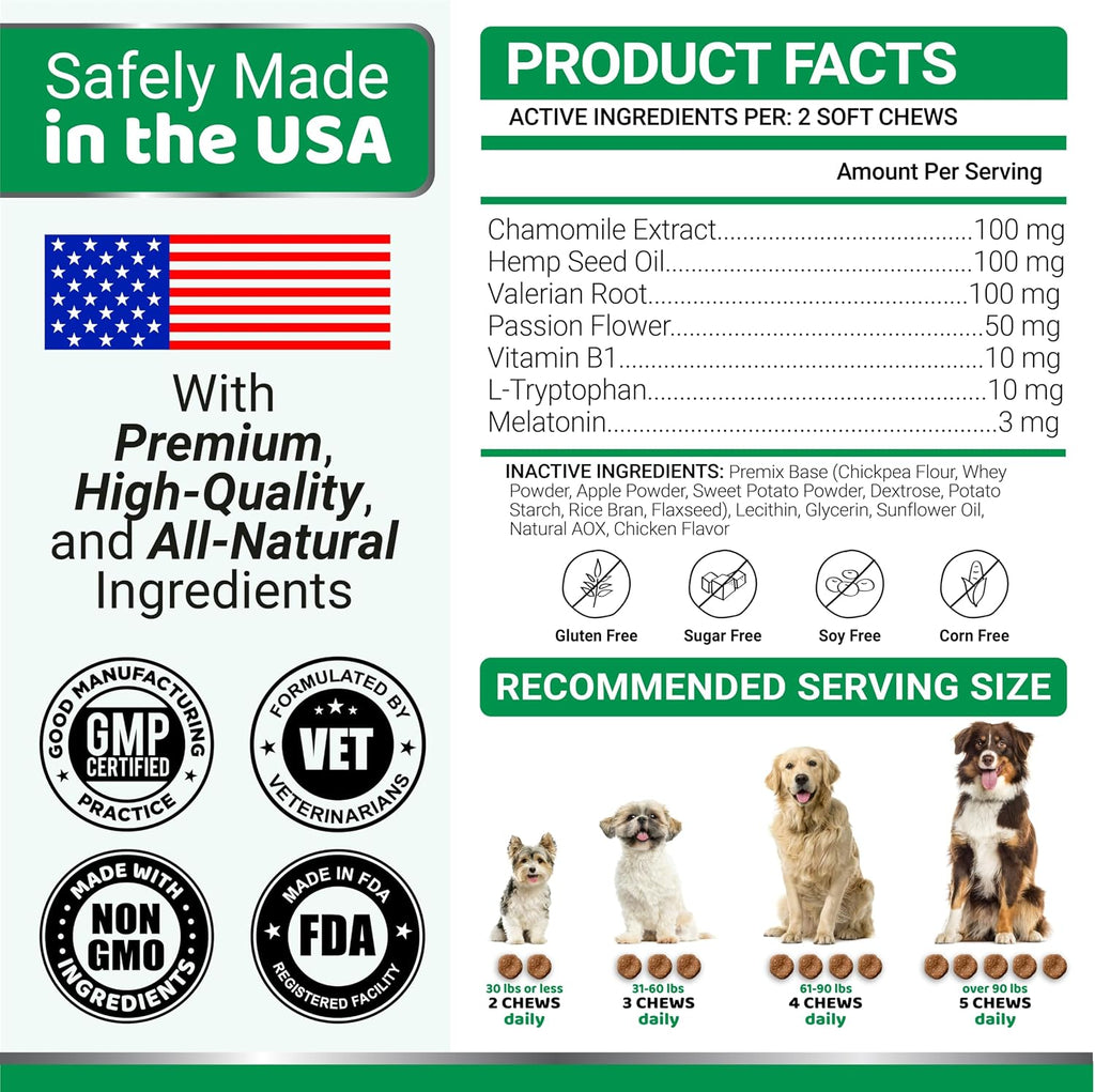 Hemp Calming Chews for Dogs - 240 Treats - Advanced Dog Calming Chews | Dog Anxiety Relief Supplement with Melatonin - Sleep Aid, Separation, Barking, Stress & Travel - Joint Support - Made in USA