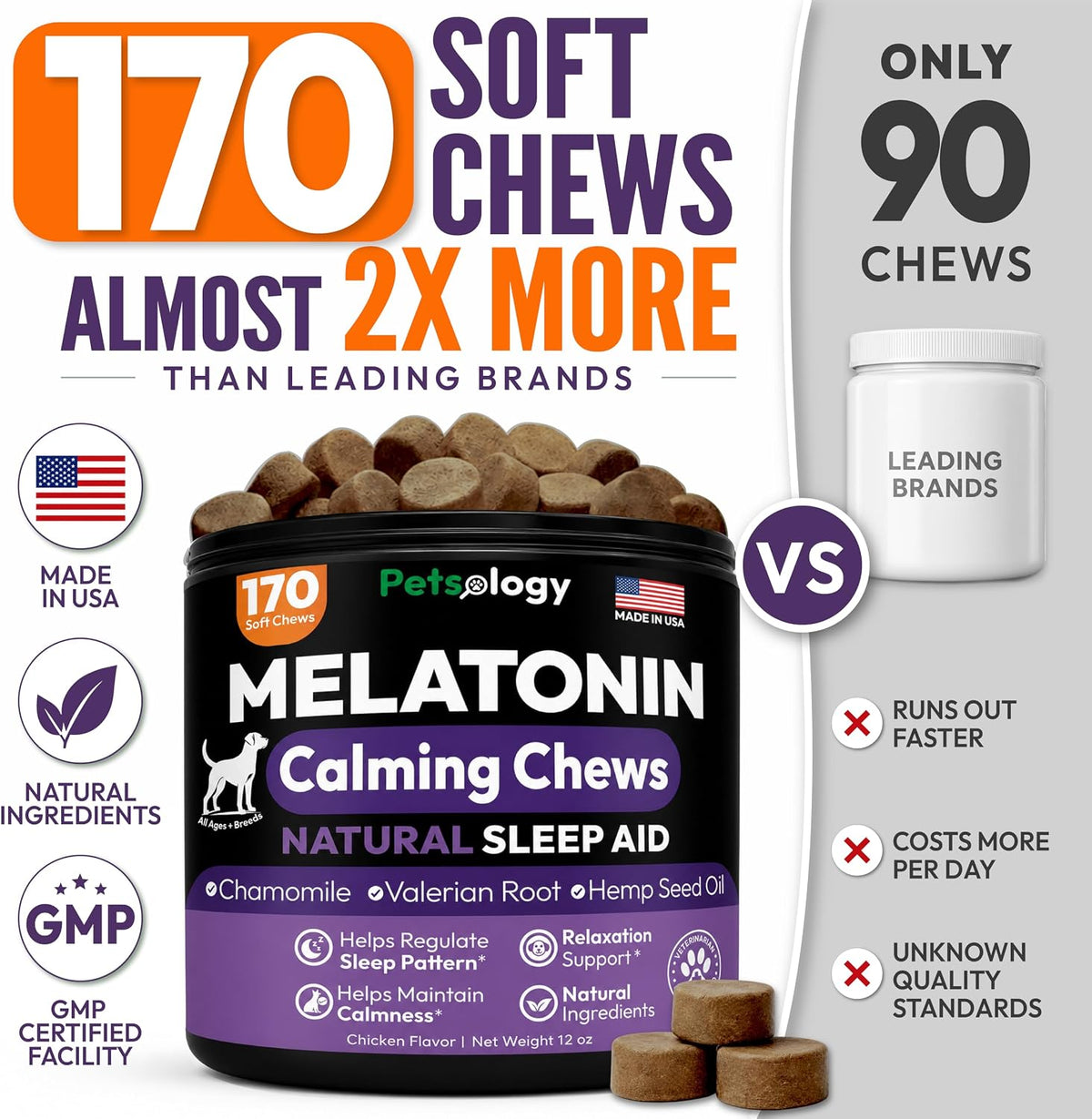 Melatonin for Dogs - 170 Dog Melatonin Calming Chews for Small & Large Dogs | Natural Hemp Dog Sleep Aid - Puppy Sleeping Pills for Anxiety, Stress, Separation, Barking & Fireworks - Made in USA