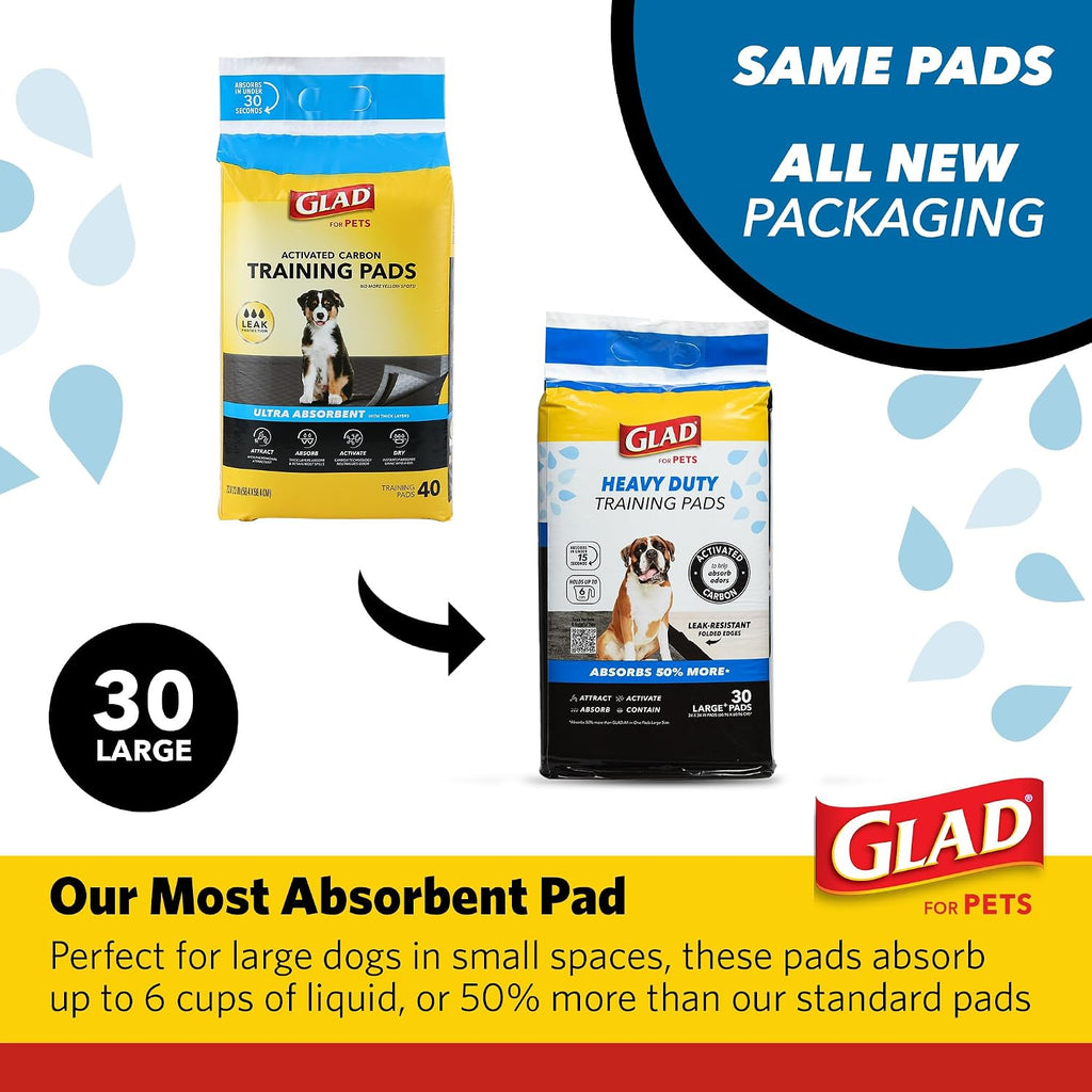 Glad for Pets XL Charcoal Training Pads, Heavy Duty, 24x24 in, 30 Count | Quick-dry quilted top and leak-resistant layers for indoor potty use and crate liners, 24 x 24 in