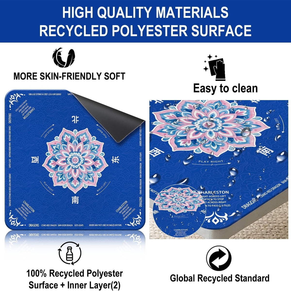 GreenD Mahjong Mat for Table 31.5"x31.5" Rubber American Mahjong Mat with Rules, Non Slip Noise Reduction Game Table Cover with Dice and Bag for Mahjong, Poker, Board, Card, Tile Games（Blue ）