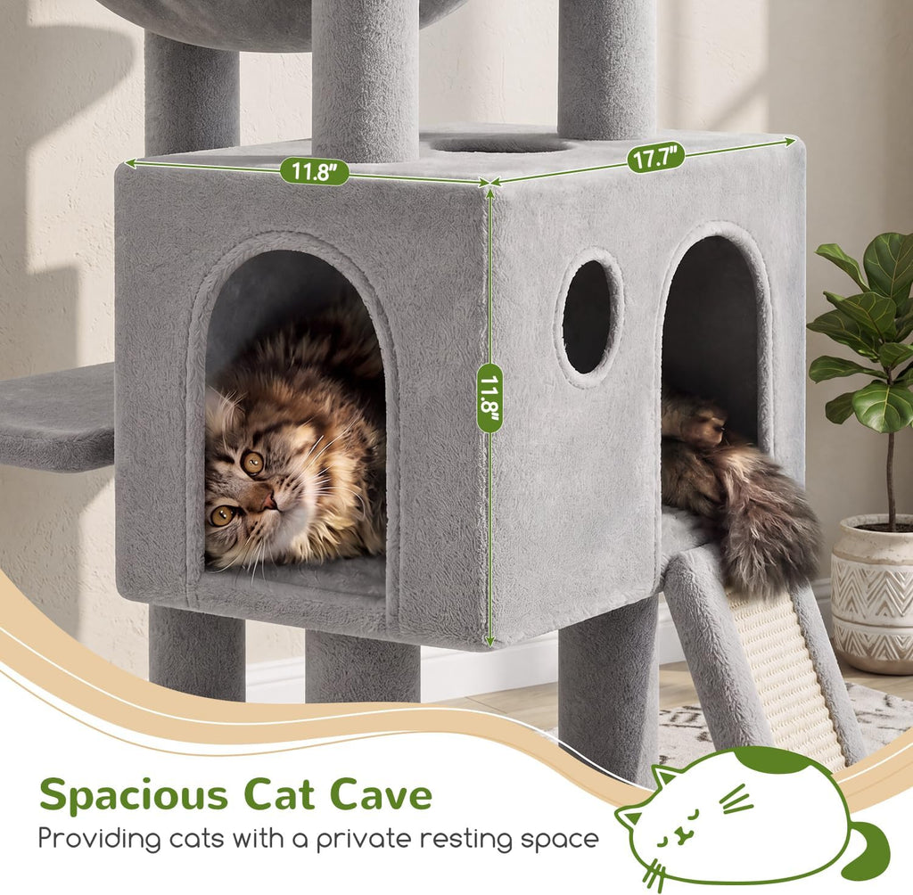 Globlazer Heavy Duty Cat Tree, 70 inch Sturdy Cat Tree for Indoor Cats Extra Large Cat Tower with Scratching Post, Hammock, Cat Condo for Adult Cats Kittens, F70 Pro, Light Grey
