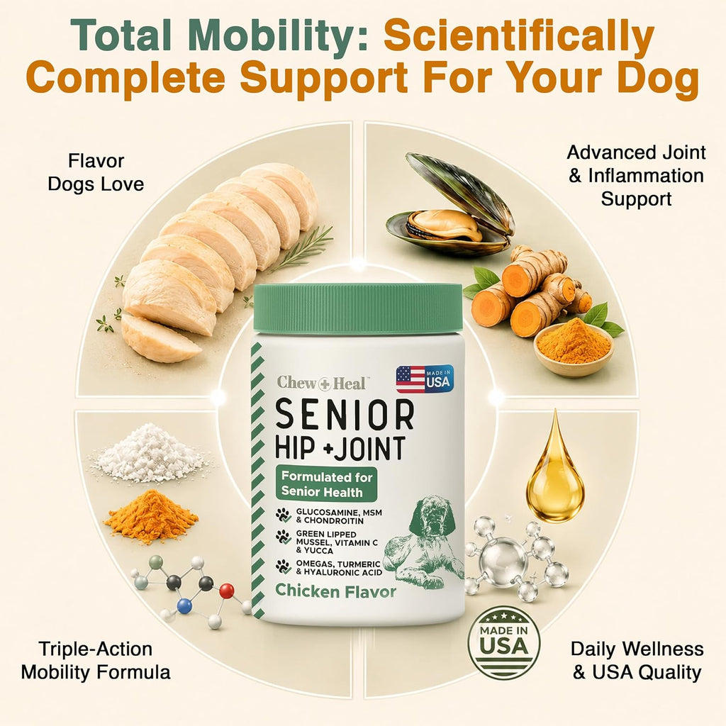 Glucosamine for Senior Dogs Hip and Joint Supplement, 60 Mobility Chews | Made with Glucosamine, MSM, Chondroitin, Green Lipped Mussels and More