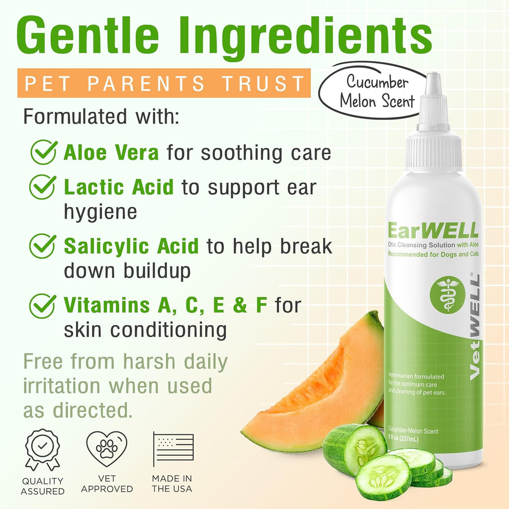 VetWELL Ear Cleaner for Dogs and Cats - Cucumber Melon - 8 oz | Otic Ear Solution for Pets to Help Manage Odor and Reduce Wax Build Up