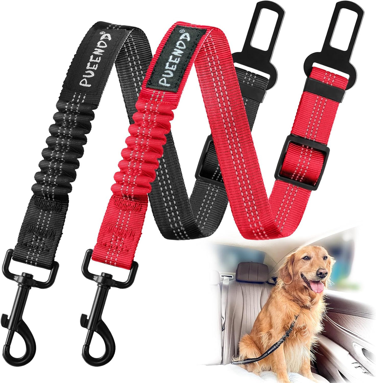 2 Pack Dog Seat Belt Adjustable Dog Car Seatbelts for Vehicle Nylon Pet Safety Seat Belt with Elastic Bungee Buffer Reflective & Durable Car Harness for Dogs