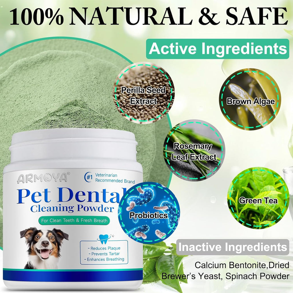 ARMOYA Dog Dental Powder - Teeth Cleaning Powder for Dogs - Dog Dental Care - Plaque & Bad Breath Off P-owder D-og - D-ental Care Supplies for Small - Medium - Large Do-gs