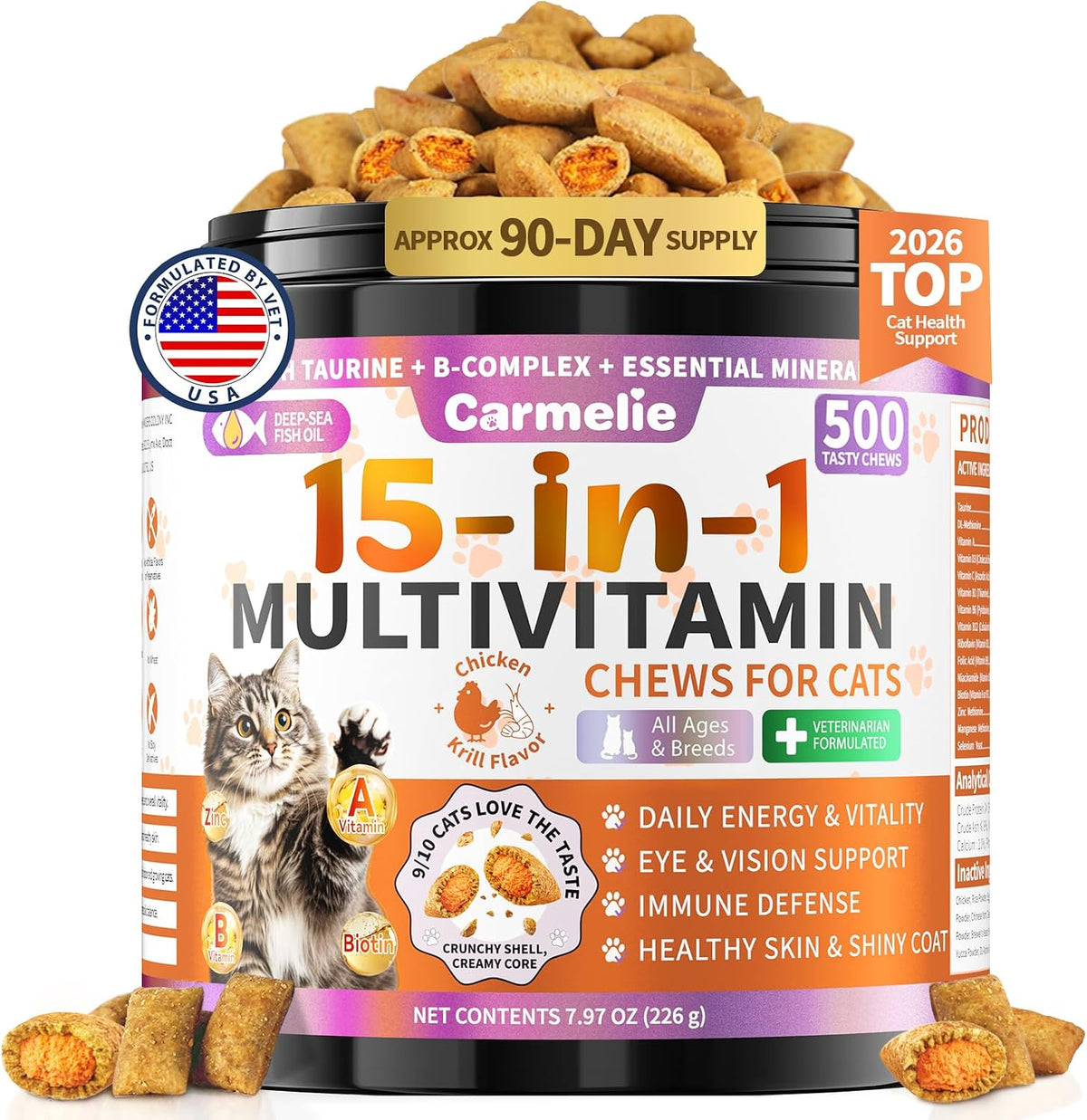 Carmelie Taurine for Cats Vitamins Treats, 15 in 1 Cat Multivitamin, 500 Ct
