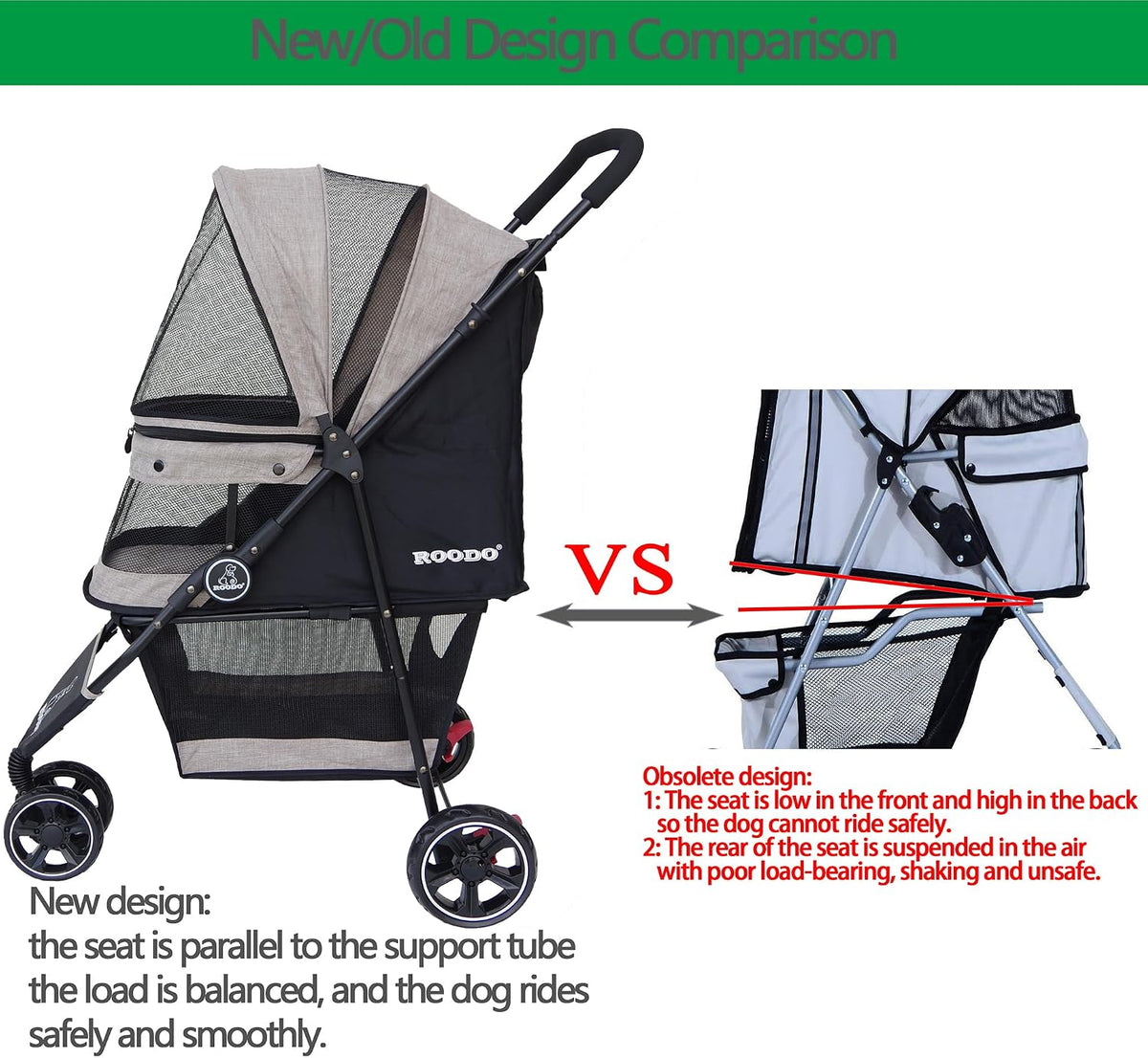 ROODO 3 Wheel Dog Pet Cat Stroller Best Lightweight Foldable Compact Portable Jogger All Terrain Travel Pet Gear Puppy Kitty Stroller for up to 30lbs Medium Small Dogs and Cats(Light Khaki)