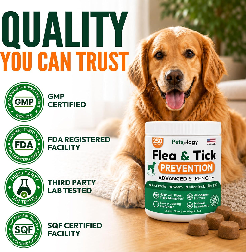 Flea and Tick Prevention for Dogs Pills - 250 Chews - Flea & Tick Control | Natural Dog Oral Defense Treatment Supplement - Vet Formulated Chews - All Breeds & Ages - Immune Support - Made in USA