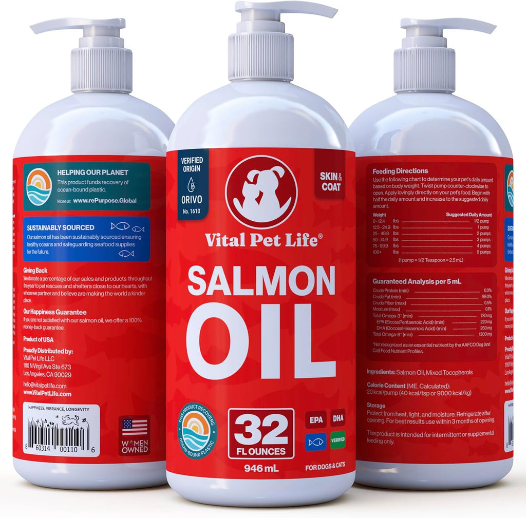 Salmon Oil for Dogs & Cats, Healthy Skin & Coat, Liquid Fish Omega 3, 32 oz | Soft Shiny Glossy Coat, EPA DHA, Immune System & Heart Function Support, Normal Shedding, Supplement for Pets