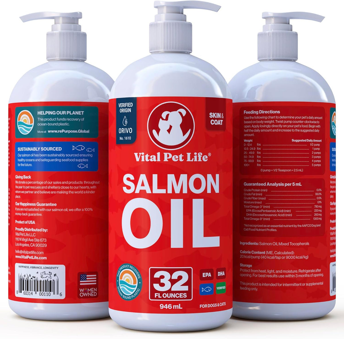 Salmon Oil for Dogs & Cats, Healthy Skin & Coat, Liquid Fish Omega 3, 32 oz | Soft Shiny Glossy Coat, EPA DHA, Immune System & Heart Function Support, Normal Shedding, Supplement for Pets