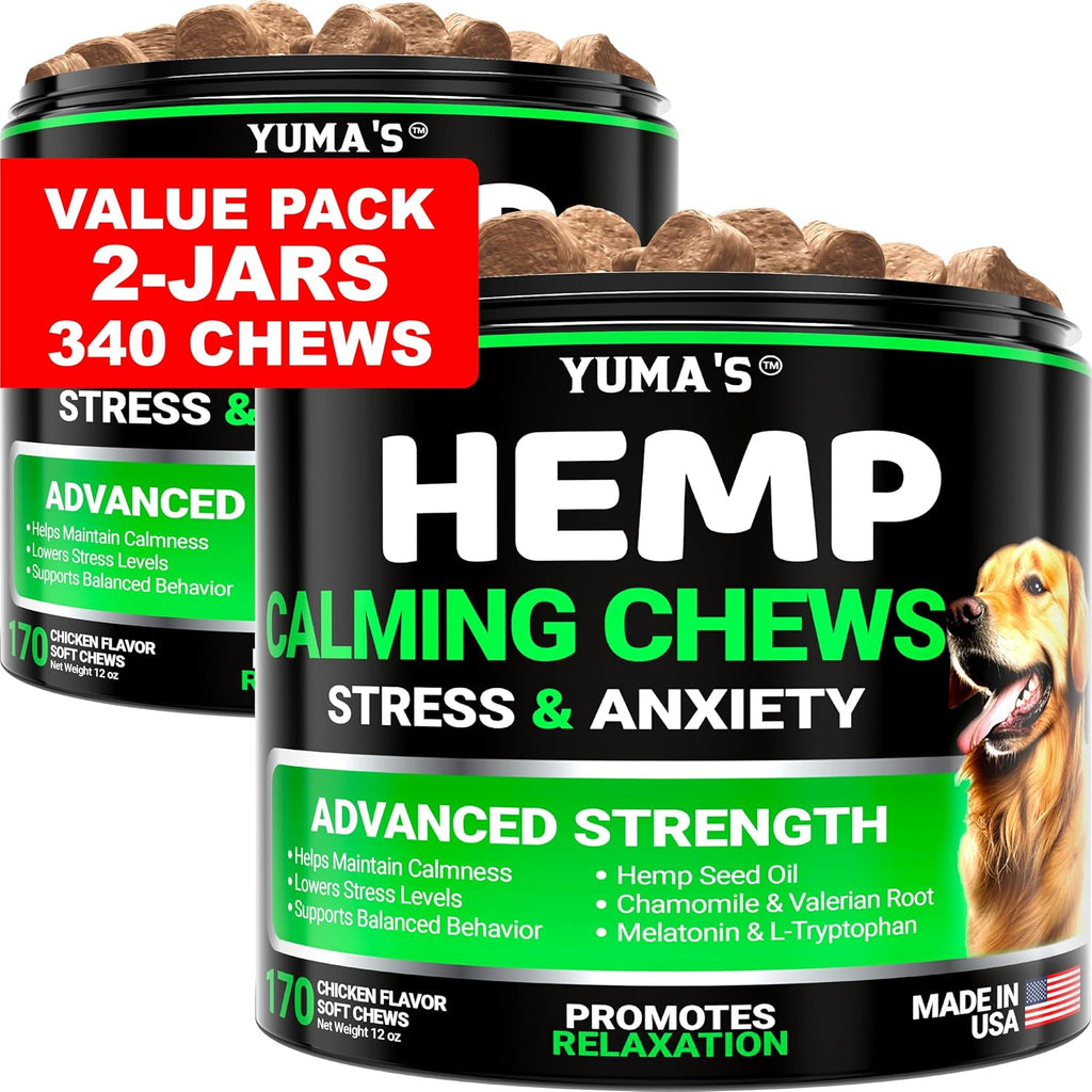 Hemp Calming Chews for Dogs - 170 Chews - Advanced Dog Calming Chews | Dog Anxiety Relief Treats - Separation, Barking, Stress & Thunderstorms - Melatonin, Hemp Oil, Valerian Root - Made in USA
