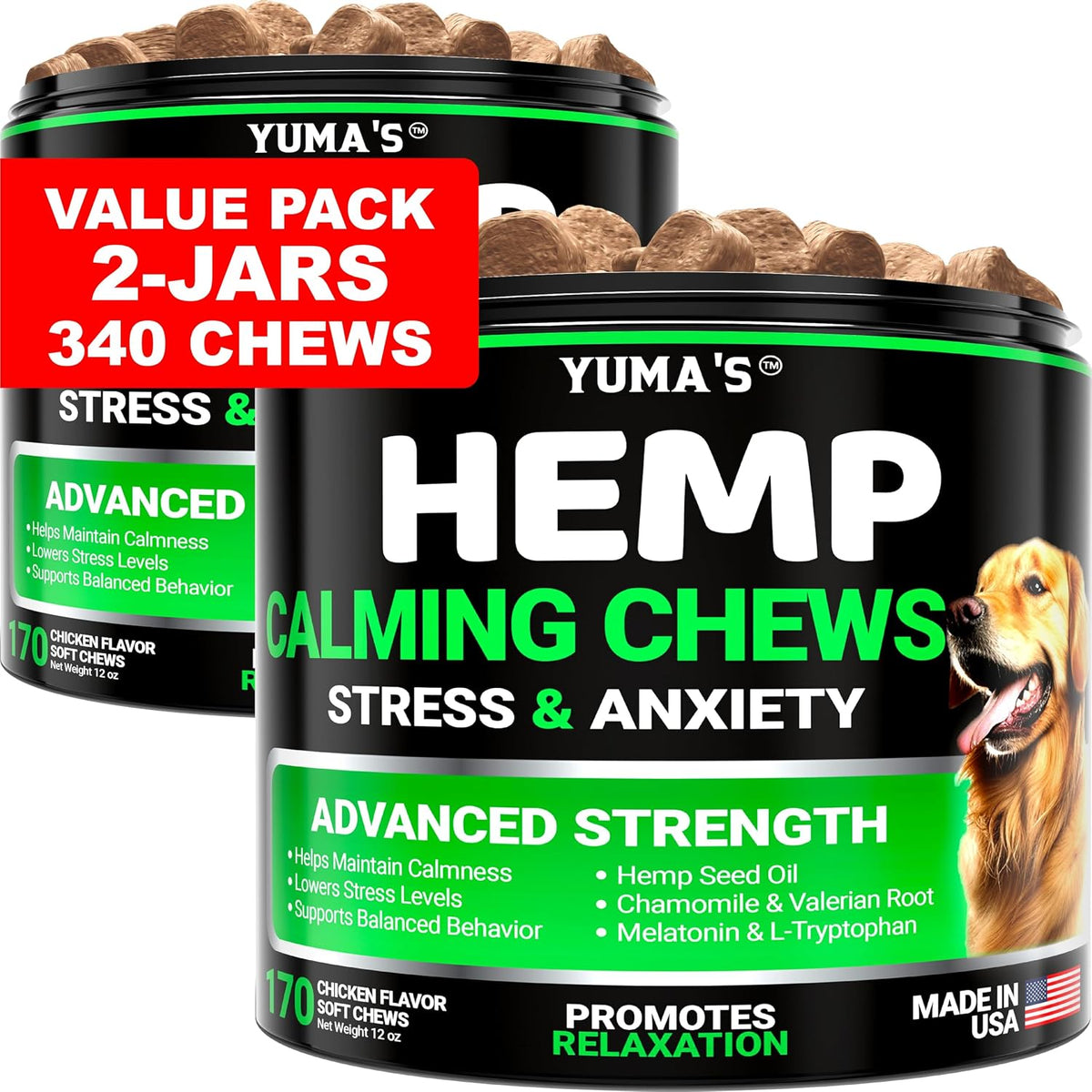 Hemp Calming Chews for Dogs - 170 Chews - Advanced Dog Calming Chews | Dog Anxiety Relief Treats - Separation, Barking, Stress & Thunderstorms - Melatonin, Hemp Oil, Valerian Root - Made in USA