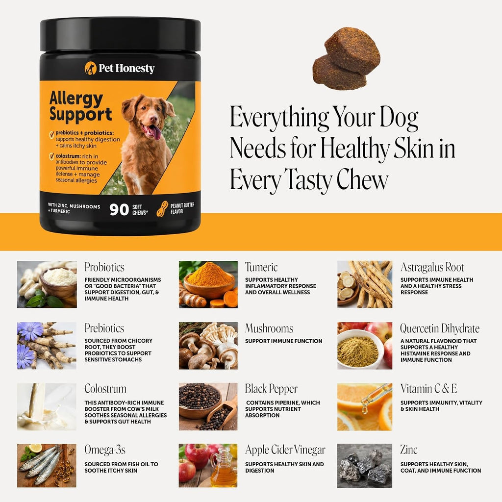 Pet Honesty Dog Allergy Chews - for Paw Licking, Itching & Seasonal Allergies - with Colostrum, Probiotics & Salmon Oil - Vet Recommended Itch Relief Supplement for Dogs (Peanut Butter, 90 Ct)